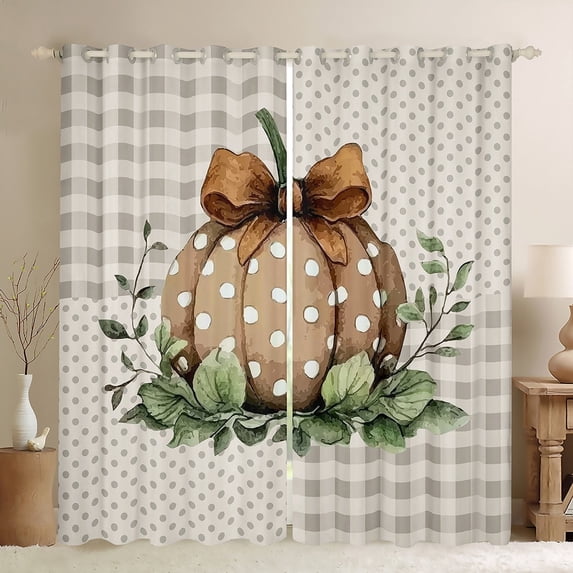 jejeloiu Autumn Harvest Pumpkin Blackout Curtains Set of 2 (52x84 Each),Brown Bowtie Bowknot Window Curtains,Geometruc Dot Plaid Curtains and Drapes,Super Cozy Room Decor