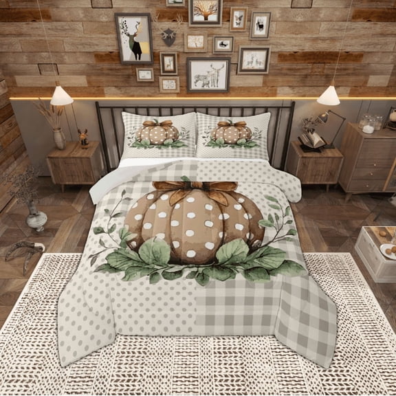 jejeloiu Autumn Harvest Pumpkin Full Size Comforter Sets,Brown Bowtie Bowknot Bedding Comforter Set,Geometruc Dot Plaid Bedding Sets,Super Cozy Room Decor Reversible,3 Pieces