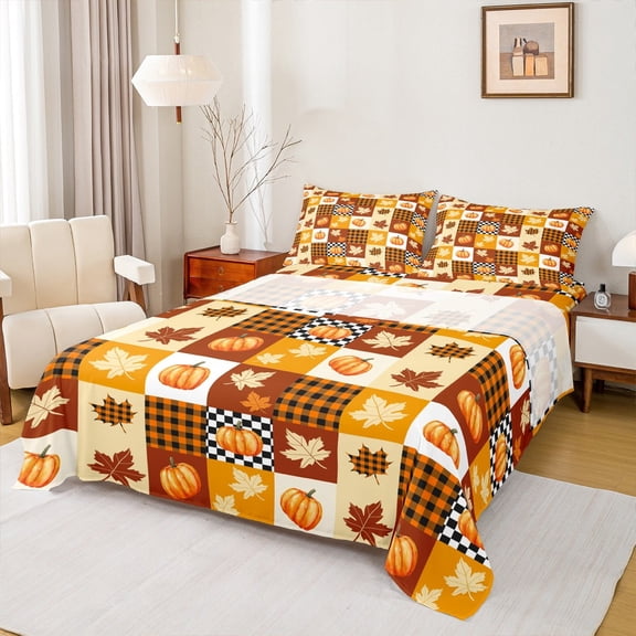 jejeloiu Autumn Harvest Pumpkin Queen Sheet Sets,Fall Maples Leaves Flat Sheet,Geometric Plaid Queen Fitted Sheet For Children,Luxury Bedroom Decor,4-Piece