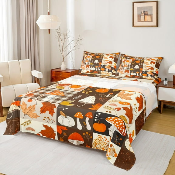 jejeloiu Autumn Harvest Pumpkin Twin Sheet Sets,Hello Fall Twin Fitted Sheet,Rustic Flower Mushroom Maple Flat Sheet For Men Women,Microfiber Bedroom Decor,3pcs