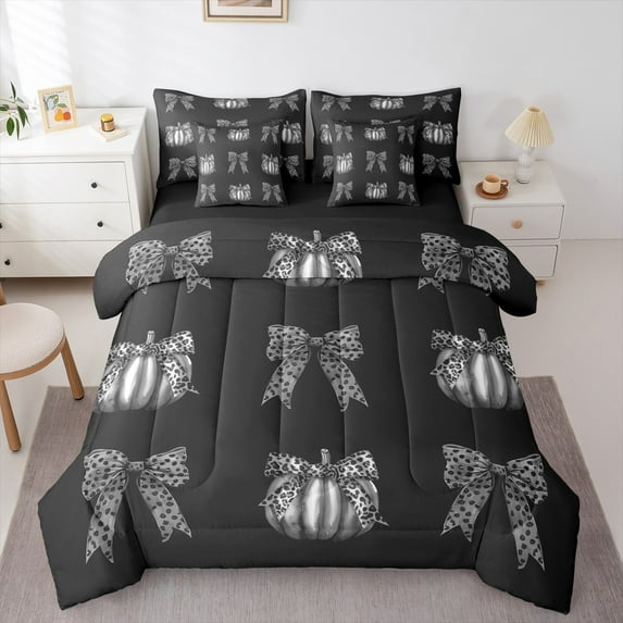 jejeloiu Autumn Pumpkin Bedding Comforter Set 7-Piece,Hello Fall King Bedding Sets,Leopard Print Bowknot Bed Sheets For Girl,Luxury Bedroom Decor Reversible