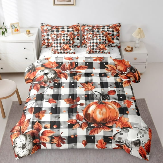 jejeloiu Autumn Pumpkin Maples 7pcs Bedding Comforter Set,White Black Checkered Queen Bedding Sets,Rustic Farmhouse Cabin Queen Sheet Sets For Men Women,Luxury Bedroom Decor Reversible