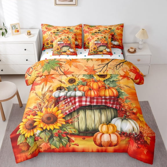 jejeloiu Autumn Pumpkin Sunflower Bedding Comforter Set 7 Pieces,Fall Vibes Full Bedding Set,Rustic Flower Floral Fitted Sheet Flat Sheet For Girl Boys,Microfiber Bedroom Decor Reversible