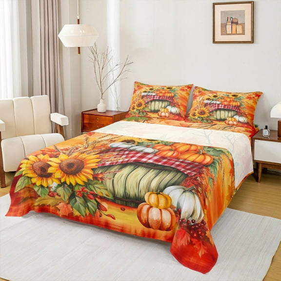 jejeloiu Autumn Pumpkin Sunflower Full Size Sheets,Fall Vibes Bed Sheets,Rustic Flower Floral Sheet Sets For Girl Boys,Microfiber Bedroom Decor,4pcs