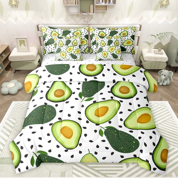 jejeloiu Avocado 7-Piece Twin Bedding Sets,Green Fruit Bedding Comforter Set,Black Geometric Dots Sheet Sets For Kids,Breathable Home Decor Reversible