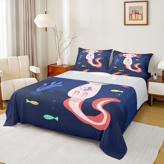 jejeloiu Axolotl Twin Sheet Sets,Cartoon Animal Twin Fitted Sheet,Pink Blue Flat Sheet For Girls,Ultra Soft Home Decor,3-Piece