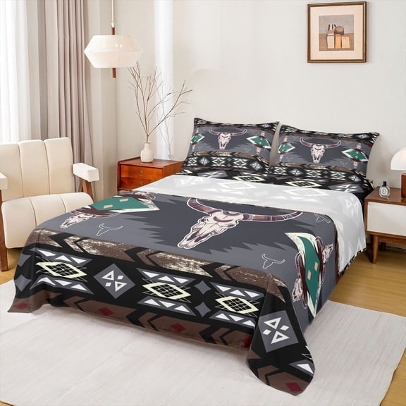 jejeloiu Aztec Bull Skull Bed Sheets,Farmhouse Hunting King Sheets,Rustic Hunting Animals Sheet Set For Teens,Luxury Bedroom Decor,4pcs