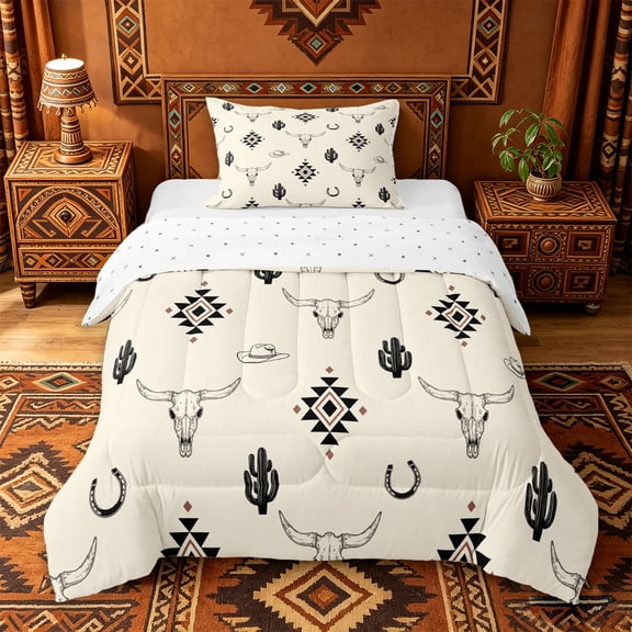 jejeloiu Aztec Bull Skull Western Twin Comforter Sets Kids,Tribal Desert Print Bedding Set For Boy,Reversible,2 Pieces