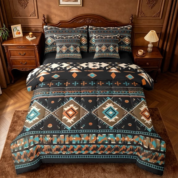 jejeloiu Aztec Geometric 7-Piece Twin Bedding,Tribal Pattern Bedding Comforter Set For Boys,Brown Turquoise,Black Reversible