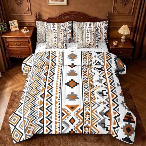 jejeloiu Aztec Geometric 7pcs Queen Bedding For Men Women,Southwestern Pattern Bedding Comforter Set Queen,White Orange,Reversible