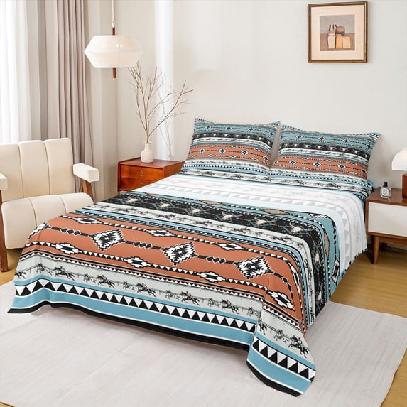jejeloiu Aztec Geometric Pattern Bed Sheets Kids,Tribal Bull Skull King Sheets,4 Pieces