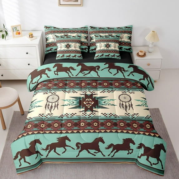 jejeloiu Aztec Geometric Pattern Bedding Comforter Set 7pcs,Horse Dreamcatcher Queen Bedding Sets,Cyan Red Yellow Queen Sheet Sets For Adults,Microfiber Bedroom Decor Reversible