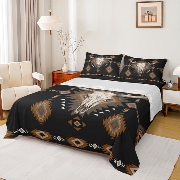 jejeloiu Aztec Geometric Print Full Size Sheets Kids,Rustic Bull Skull Pattern Bed SheetsFor Men,4-Piece