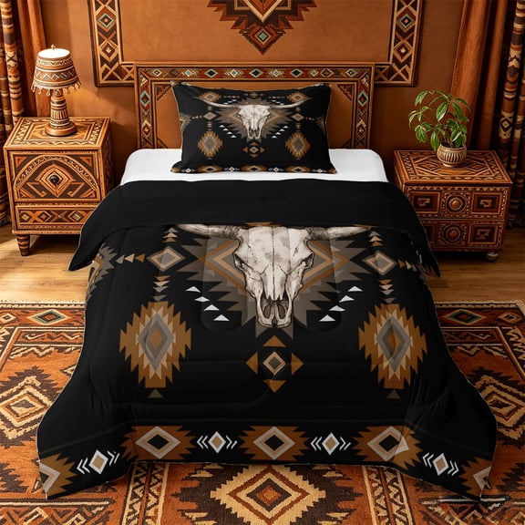 jejeloiu Aztec Geometric Print Twin Comforter Sets Kids,Rustic Bull Skull Pattern Bedding SetFor Men,Reversible,2pcs