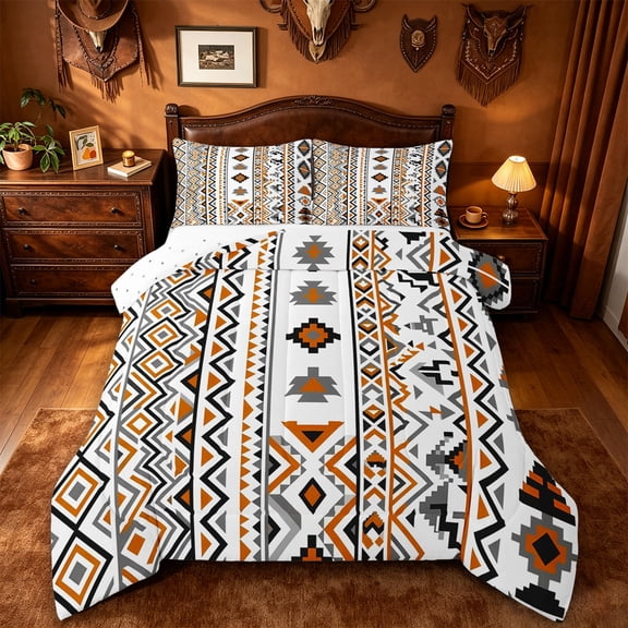 jejeloiu Aztec Geometric Queen Comforter Set For Men Women,Southwestern Pattern Comforter Sets Queen,White Orange,Reversible,3 Pieces,1 Comforter and 2 Pillowcases
