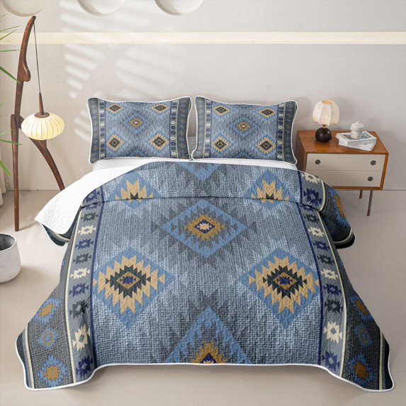 jejeloiu Aztec Geometric Rhombus Twin Quilt Set,Western Cowboy Tribal Twin Coverlet Set For Boys,Blue Beige,2pcs