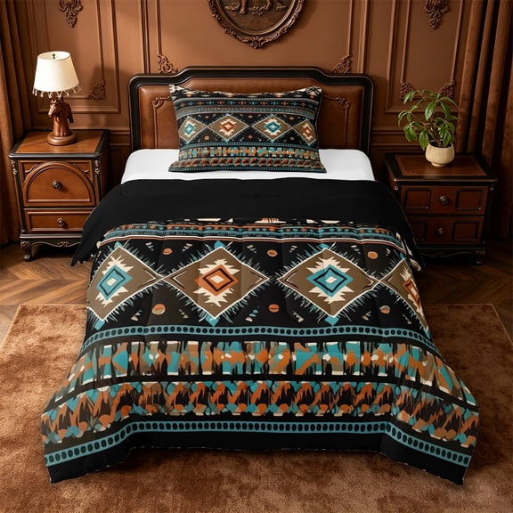 jejeloiu Aztec Geometric Twin Comforter Sets,Tribal Pattern Bedding Set For Boys,Brown Turquoise,Black Reversible,2pcs,1 Comforter and 1 Pillowcase