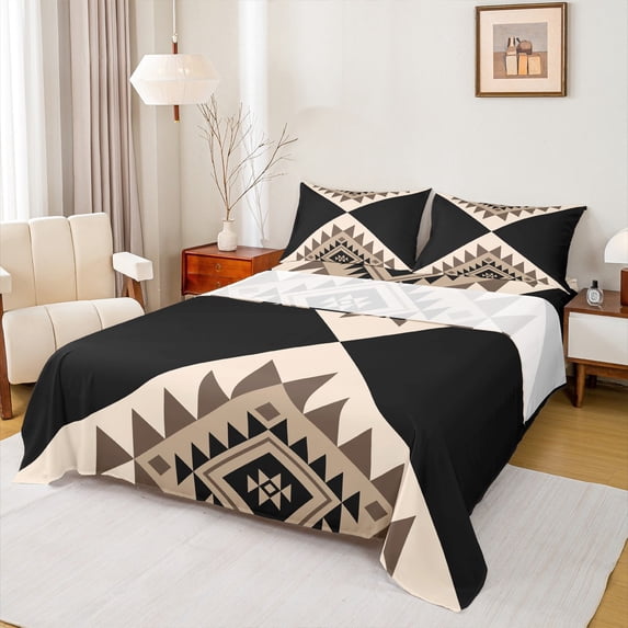 jejeloiu Aztec Queen Sheet Sets,Boho Bohemain Peint Flat Sheet,Vintage Geometric Geometry Queen Fitted Sheet,Microfiber Room Decor,4-Piece