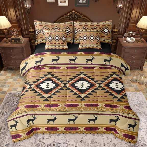 jejeloiu Aztec Rhombus Triangle 7-Piece Twin Bedding Sets,Bohemian Exotic Style Bedding Comforter Set,Brown Retro Geometric Sheet Sets For Men Women,Microfiber Bedroom Decor Reversible