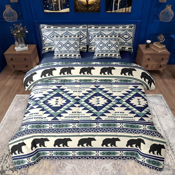 jejeloiu Aztec Rhombus Triangle 7 Pieces Bedding Comforter Set,Bohemain Exotic Style Full Bedding Set,Blue Beige Geometric Fitted Sheet Flat Sheet For Men Women,Microfiber Bedroom Decor Reversible