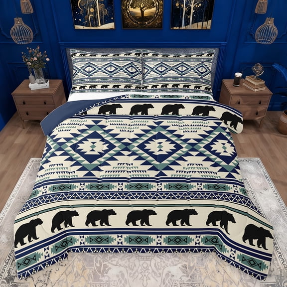 jejeloiu Aztec Rhombus Triangle Queen Comforter Set,Bohemian Exotic Style Bedding Sets,Blue Beige Geometric Bedding Comforter Set For Men Women,Microfiber Bedroom Decor Reversible,3pcs