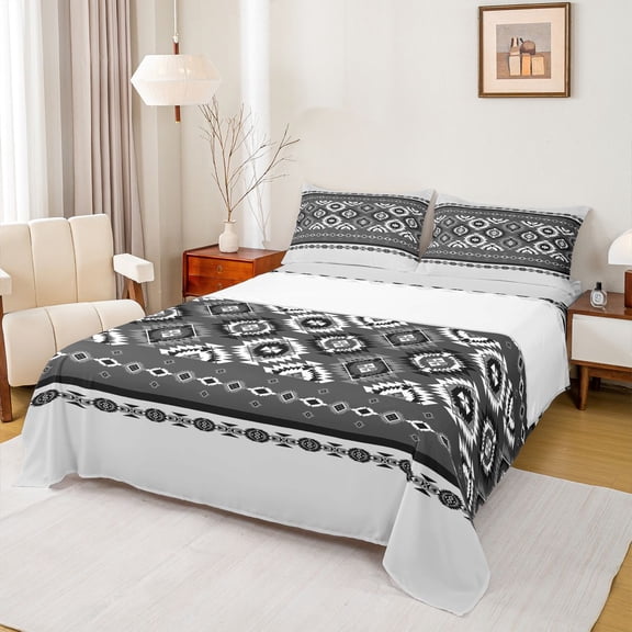 jejeloiu Aztec Triangle Rhombus Bed Sheets,Gray Black King Sheets For Teens Kids 4pcs