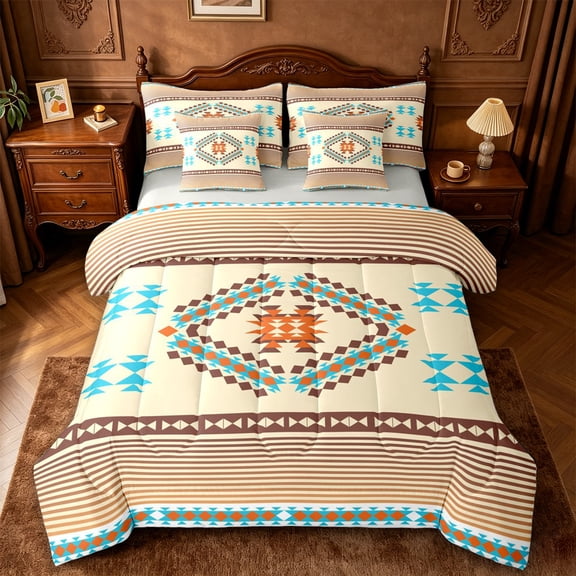 jejeloiu Aztec Tribal 7-Piece Twin Bedding,Geometric Pattern Bedding Comforter Set For Boys,Beige Brown,Light Gray Reversible
