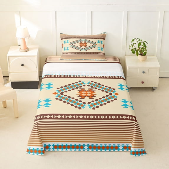 jejeloiu Aztec Tribal Twin Sheets,Geometric Pattern Bedding For Boys,Beige Brown,3pcs,1 Fitted Sheet and 1 Pillowcase