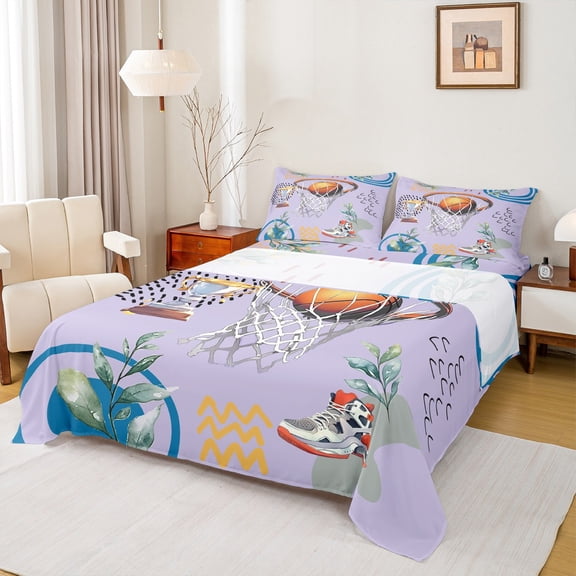 jejeloiu Baketabll Game Full Size Sheets,Sport Trophy Bed Sheets,Rustic Plants Leaves Sheet Sets For Boys Kids,Microfiber Bedroom Decor,4pcs
