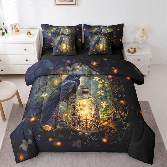 jejeloiu Balck Crow Bedding Comforter Set 7-Piece,Yellow Chic Firefly King Bedding Sets,Tropical Plant Leaf Bed Sheets,Lightweight Room Decor Reversible