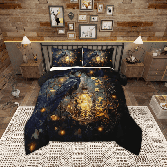 jejeloiu Balck Crow Bedding Comforter Set,Yellow Chic Firefly Twin Comforter Sets,Tropical Plant Leaf Bedding Set,Lightweight Room Decor Reversible,2-Piece