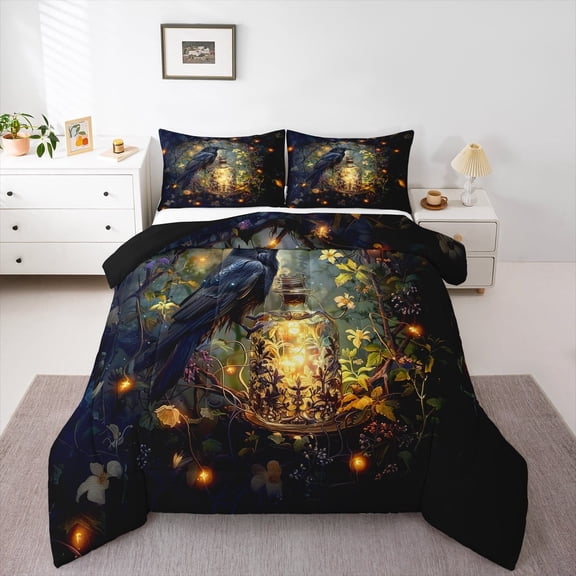 jejeloiu Balck Crow Queen Comforter Set,Yellow Chic Firefly Bedding Sets,Tropical Plant Leaf Bedding Comforter Set,Lightweight Room Decor Reversible,3pcs