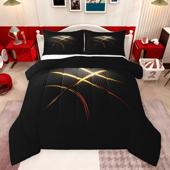 jejeloiu Ball Game Gaming Bedding Comforter Set,Basketballsport Twin Comforter Sets,Black Gold Bedding Set For Men Women,Super Cozy Room Decor Reversible,2pcs