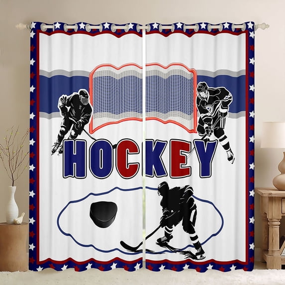 jejeloiu Ball Game Gaming Blackout Curtains Set of 2 (52x84 Each),Ice Hockey Sport Window Curtains,Red White Blue Curtains and Drapes For Men Women,Super Cozy Room Decor