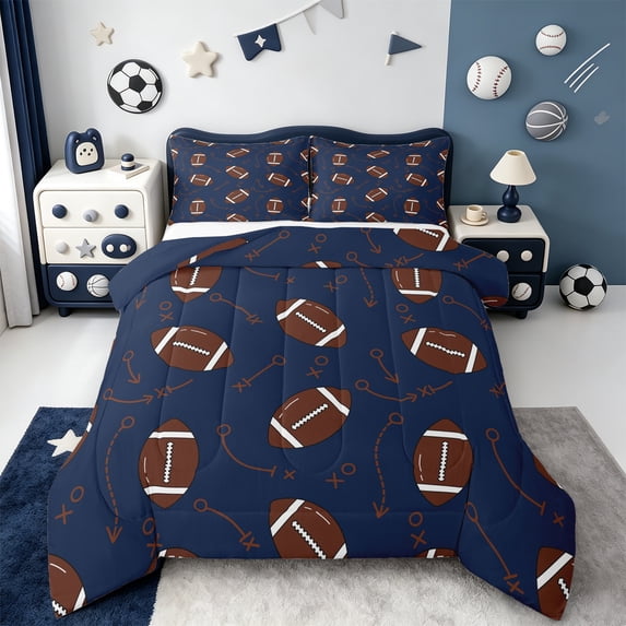jejeloiu Ball Game Rugby Bedding Comforter Set,American Ball Twin Comforter Sets,Blue Brown Bedding Set For Child,Microfiber Bedroom Decor Reversible,3-Piece