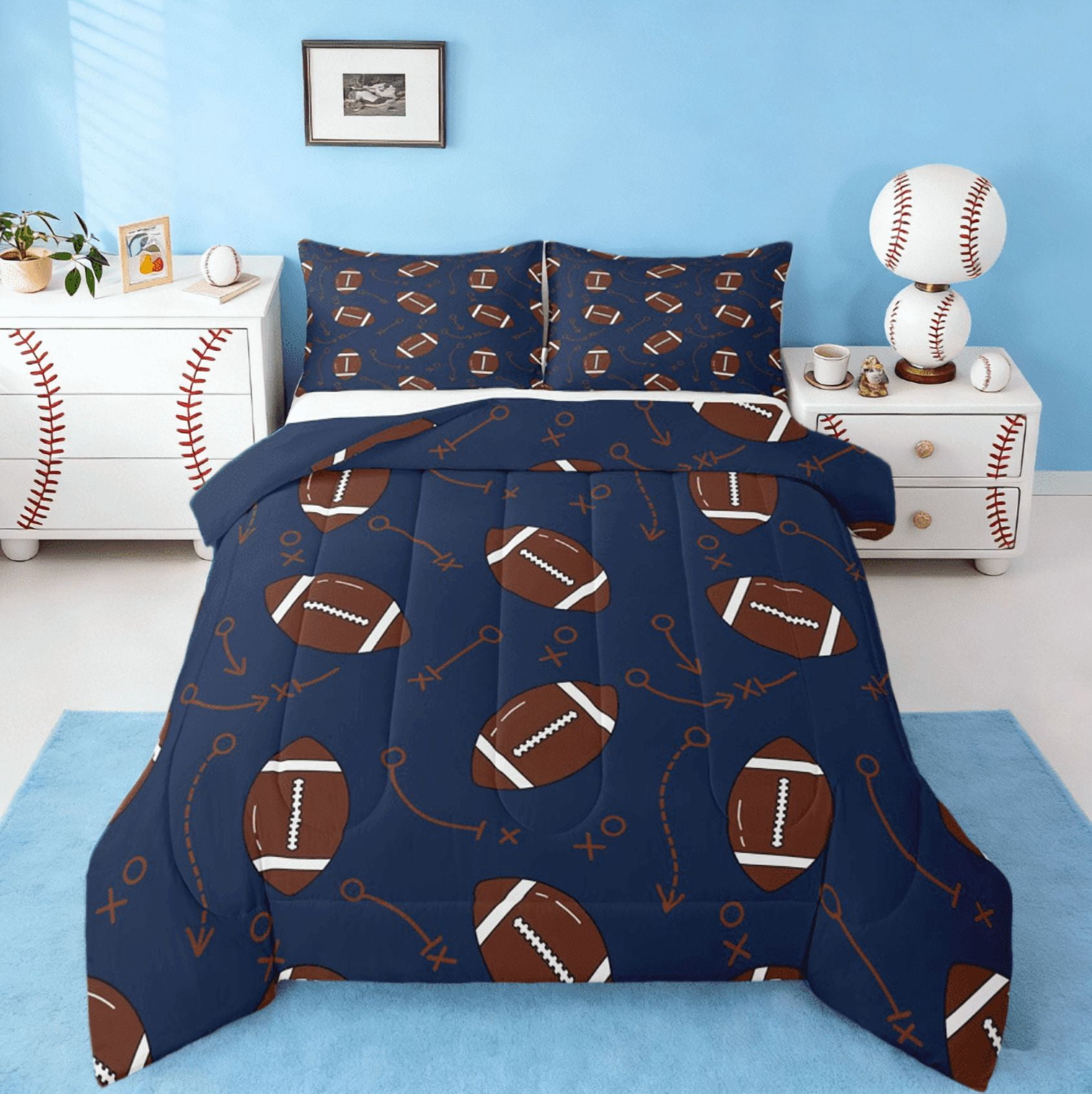 jejeloiu Ball Game Rugby Bedding Comforter Set,American Ball Twin Comforter Sets,Blue Brown Bedding Set For Child,Microfiber Bedroom Decor Reversible,3-Piece