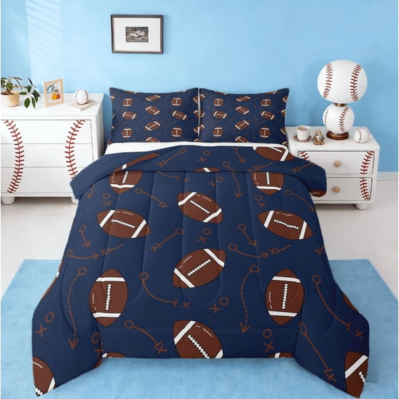 jejeloiu Ball Game Rugby Queen Comforter Set,American Ball Bedding Sets,Blue Brown Bedding Comforter Set For Child,Microfiber Bedroom Decor Reversible,3pcs