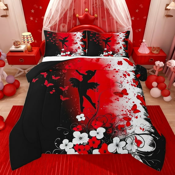 jejeloiu Ballerina Ballet Princess Full Size Comforter Sets,Red Splashing Ink Bedding Comforter Set,Retro Butterfly Kawaii Floral Bedding Sets For Girls Teens,Luxury Bedroom Decor Reversible,3pcs