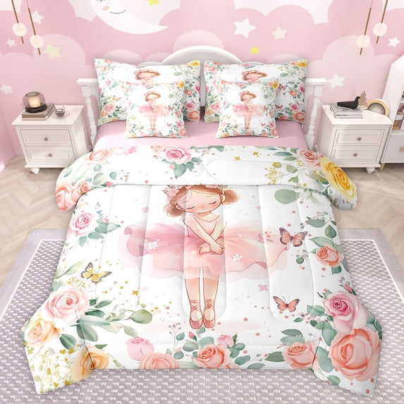 jejeloiu Ballerina Girl 7-Piece Twin Bedding Sets,Ballet Dancer Bedding Comforter Set,Pink Flowers Floral Sheet Sets For Teens,Breathable Home Decor Reversible