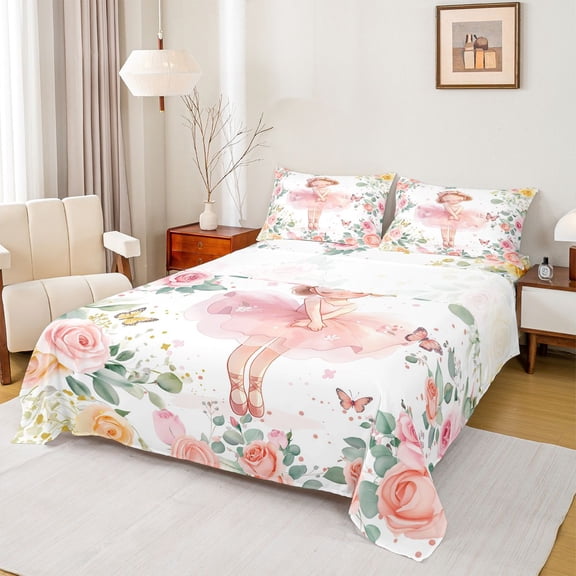 jejeloiu Ballerina Girl Twin Sheet Sets,Ballet Dancer Twin Fitted Sheet,Pink Flowers Floral Flat Sheet For Teens,Breathable Home Decor,3-Piece