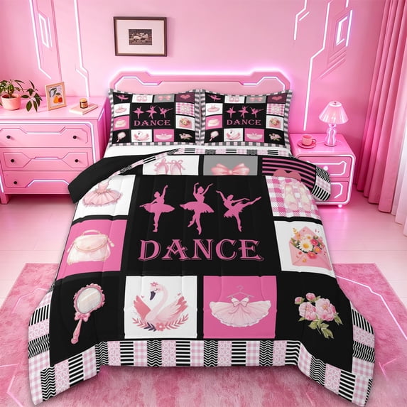 jejeloiu Ballet Dance Twin Comforter Sets,Kawaii Flowers Bedding Set,Pink Black Checkered 03 For Kids Reversible 2 Pieces