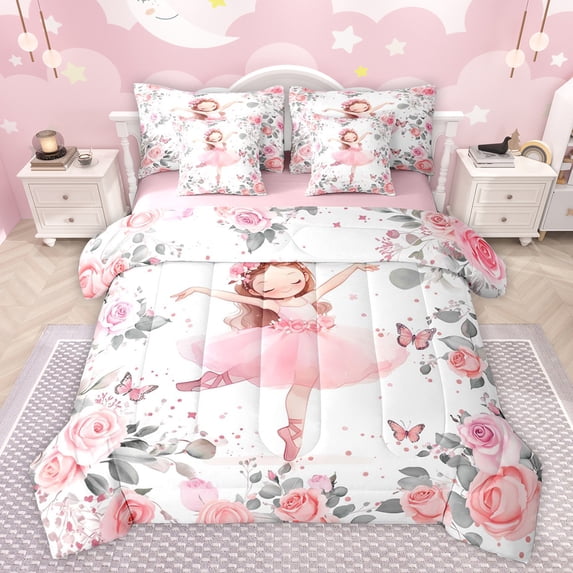 jejeloiu Ballet Dancer 7pcs Bedding Comforter Set,Cute Bufferflies Flowers Queen Bedding Sets,Pink Floral Queen Sheet Sets For Kids,Microfiber Bedroom Decor Reversible