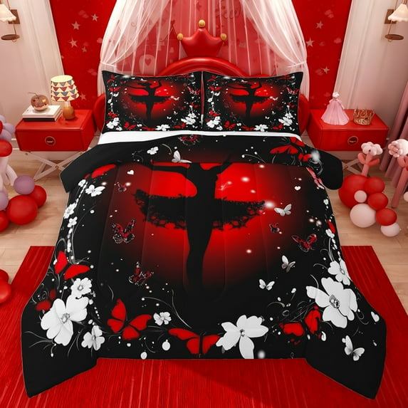 jejeloiu Ballet Dancer Full Size Comforter Sets,Vintage Butterflies Flowers Bedding Comforter Set,White Red Black Bedding Sets For Girls Kids,Super Cozy Room Decor Reversible,3 Pieces