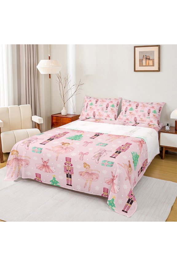 Ballet Girl Queen Sheet Sets,Christmas Tree Gifts Flat Sheet,Pink Xmas Soldier Queen Fitted Sheet For Princess,Ultra Soft Home Decor,4-Piece