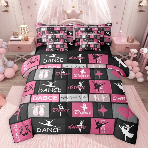 jejeloiu Ballet Girls 7pcs Bedding Comforter Set,Ballerina Dance Queen Bedding Sets,Pink Black Plaid 03 For Princess Reversible