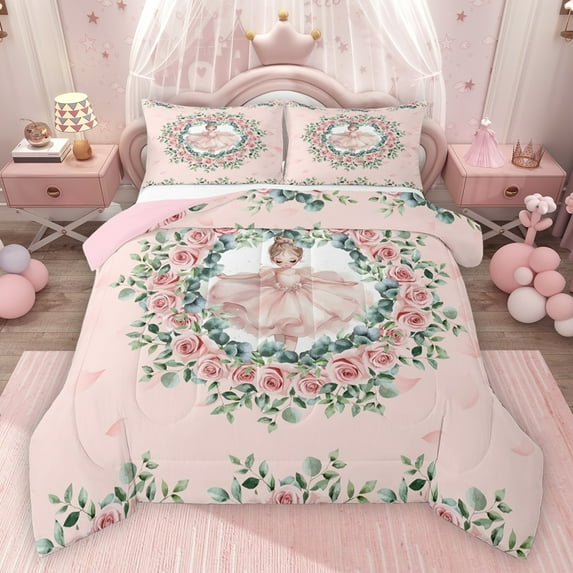 jejeloiu Ballet Princess Bedding Comforter Set,Cute Flower Floral Twin Comforter Sets,Pink Green Bedding Set For Girls Teens,Super Cozy Room Decor Reversible,2 Pieces