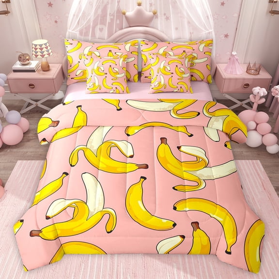 jejeloiu Banana 7-Piece Twin Bedding Sets,Tropical Fruit Bedding Comforter Set,Yellow Pink Sheet Sets For Girls,Microfiber Bedroom Decor Reversible