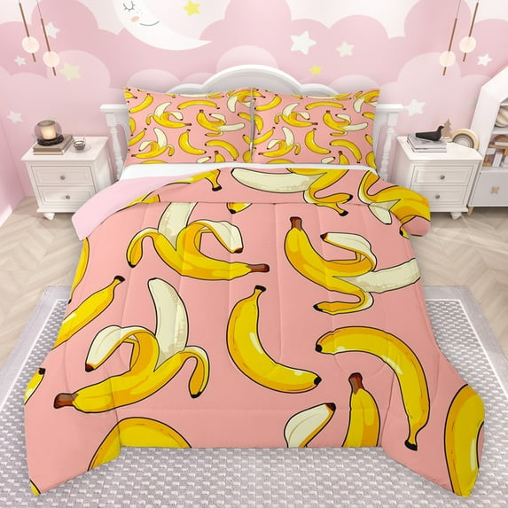 jejeloiu Banana Full Size Comforter Sets,Tropical Fruit Bedding Comforter Set,Yellow Pink Bedding Sets For Girls,Microfiber Bedroom Decor Reversible,3pcs