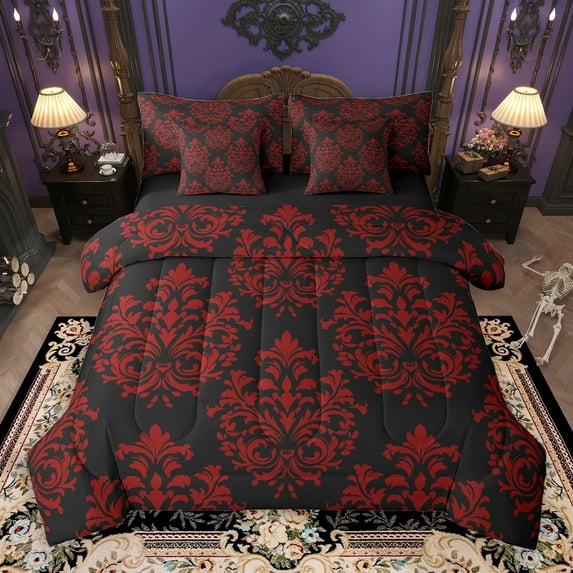 jejeloiu Baroque Floral 7-Piece Twin Bedding Sets,Damask Flower Print Bedding Comforter Set,Red Black Sheet Sets For Adults,Ultra Soft Bedroom Decoration Reversible