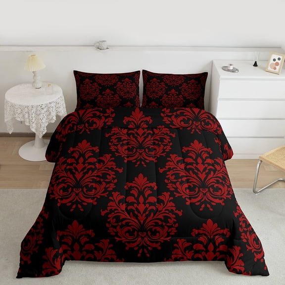 jejeloiu Baroque Floral Queen Comforter Set,Damask Flower Print Bedding Sets,Red Black Bedding Comforter Set For Adults,Ultra Soft Bedroom Decoration Reversible,3 Pieces